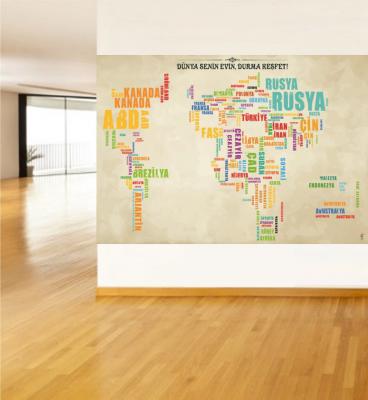 Vintage Renkli Yazılı Dünya Haritası Poster ve Duvar Giydirme